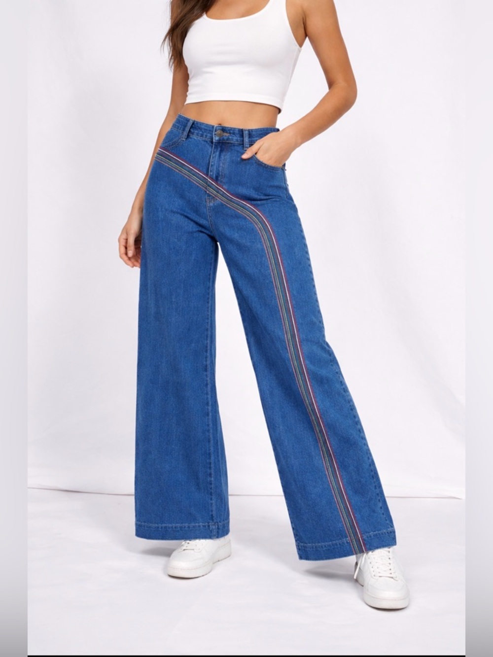 ModCloth Rainbow With Me Wide-Leg Jeans Retro 70s Flare High Rise Denim L/XL?